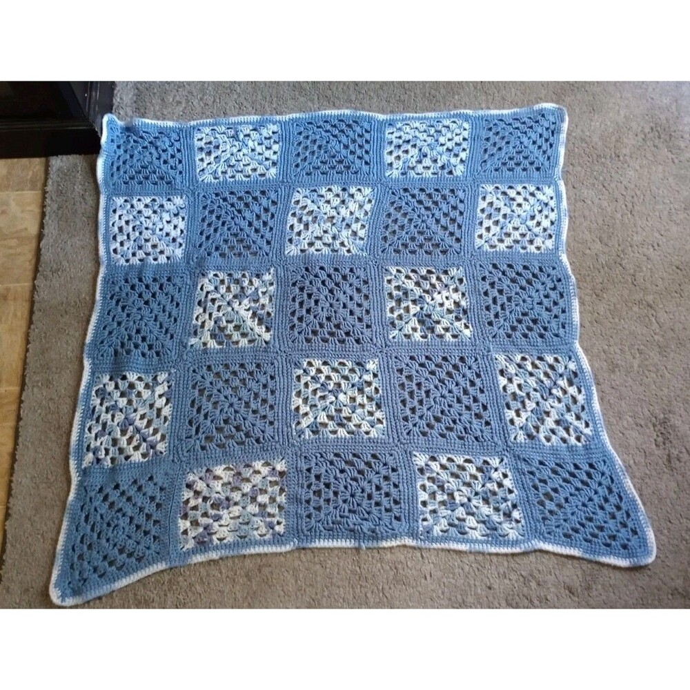 Vintage Baby Blanket Crochet Blue Soft--stained Handmade
